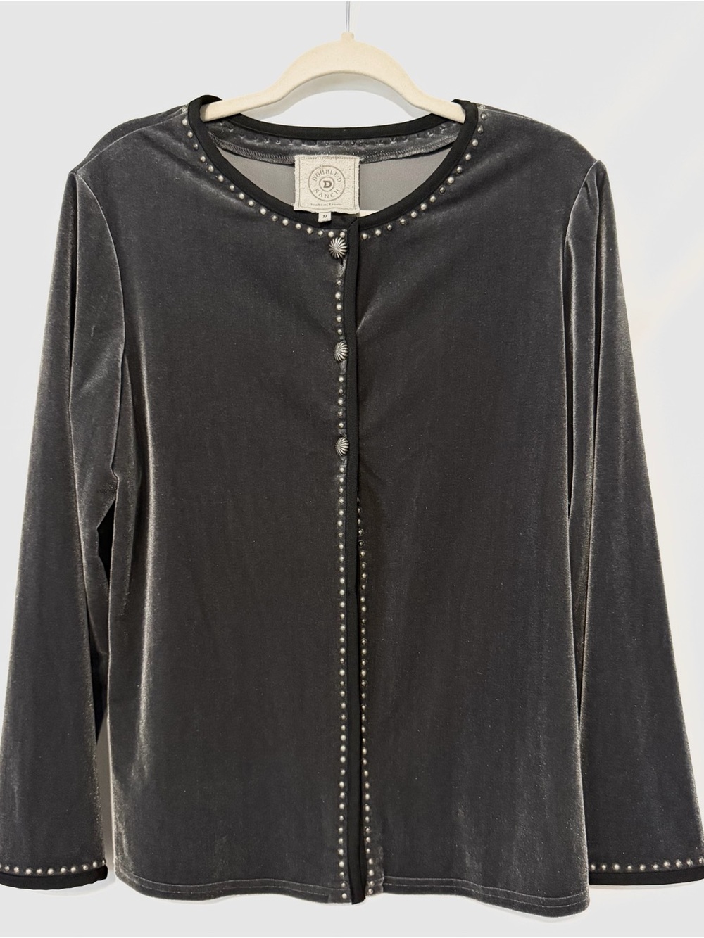 Doubled D Ranch Women’s Velvet Dark Gray Studded Button Front Lined Cardigan Med